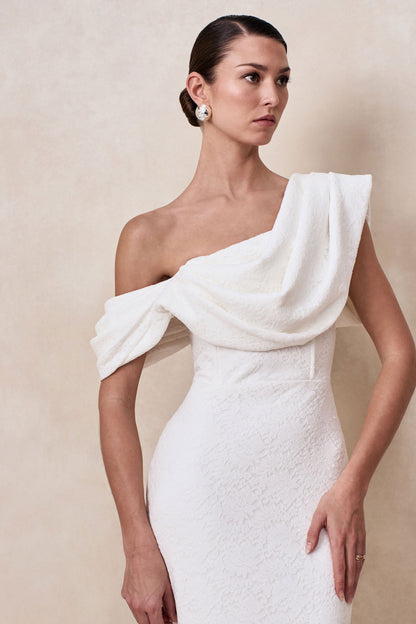 Farvera | Vestido Midi Blanco De Encaje Con Escote Asimétrico Y Detalle Drapeado
