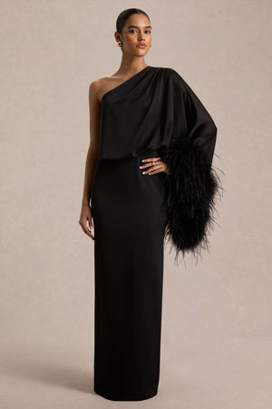 Felicity | Vestido Largo Negro de Satén con Escote Asimétrico, Plumas y Detalles Fruncidos