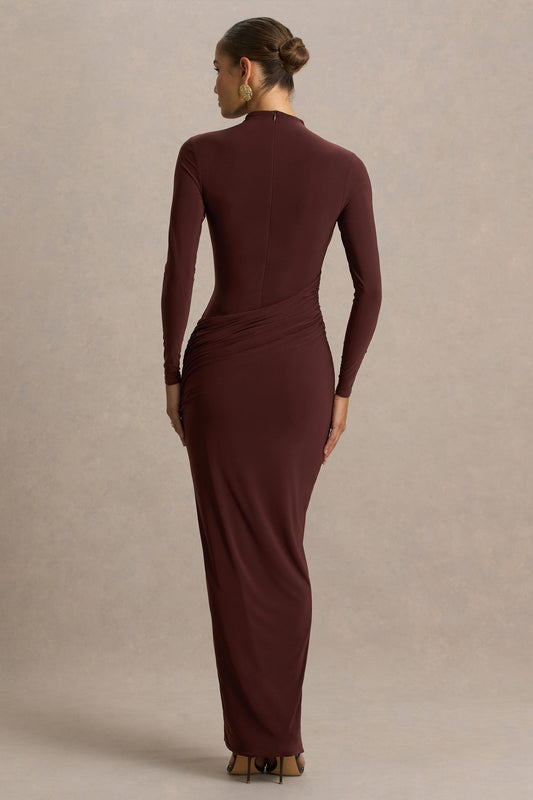 Zephyra | Vestido Largo Marrón Con Escote Alto Cruzado