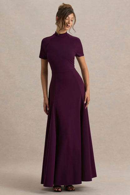 Alea | Vestido largo Burdeos con Escote Alto y Manga Corta