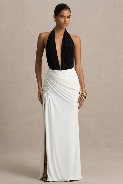 Tilly | Vestido Cruzado Largo Negro Y Blanco Con Escote Profundo Extremo Y Detalles Fruncidos