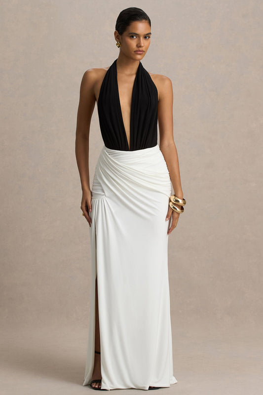Tilly | Vestido Cruzado Largo Negro Y Blanco Con Escote Profundo Extremo Y Detalles Fruncidos