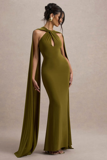 Rhoda | Vestido largo verde con escote halter y  banda decorativa