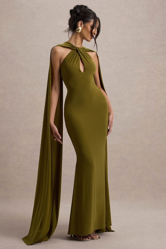 Rhoda | Vestido largo verde con escote halter y  banda decorativa