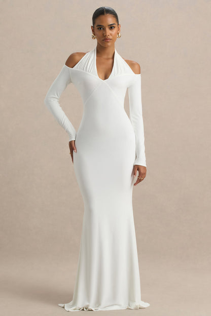 Living High | Vestido largo Blanco con Cuello Halter y Mangas Largas.