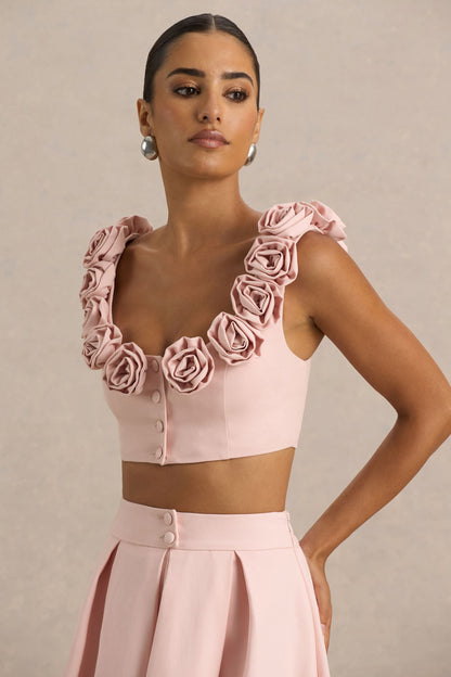 Blade | Top corto de tirantes rosa bebé con escote  redondeado con detalles florales