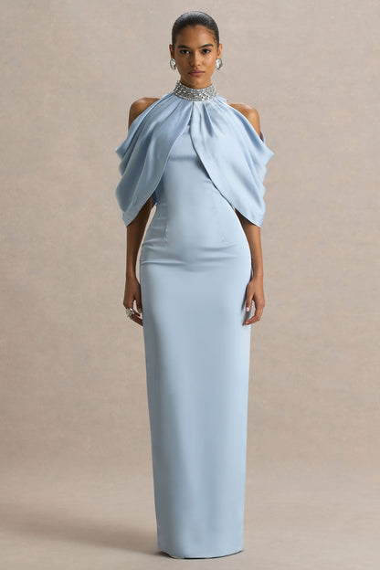 Sulliana | Vestido largo azul empolvado de satén con cuello alto adornado y mangas tipo capa