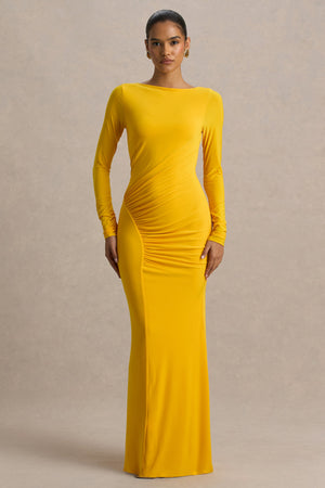 Diva | Vestido Largo Amarillo Con Escote Rasgado y Detalle Fruncido