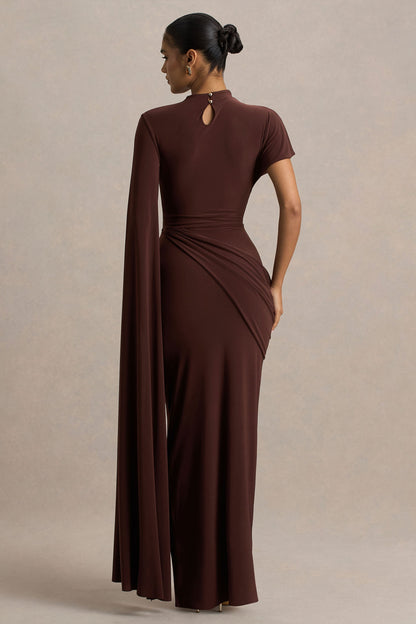 Tropic | Vestido Largo Marrón con Cuello Alto y Manga-Capa Larga