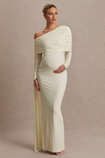 Cyra | Vestido largo crema con escote asimétrico y fajín