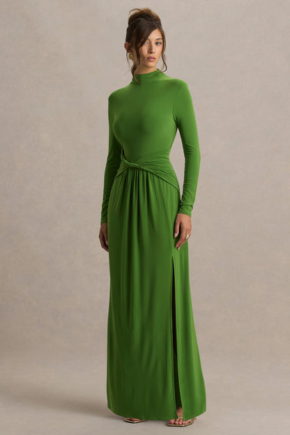 Hourglass | Vestido Largo Verde de Manga Larga con Escote alto, Detalle Cruzado en la Cintura y Abertura Frontal