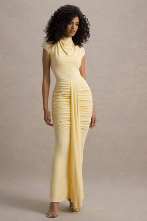 Lorenza | Vestido largo en  Limón de Cuello Alto con Fruncido y Falda Envolvente