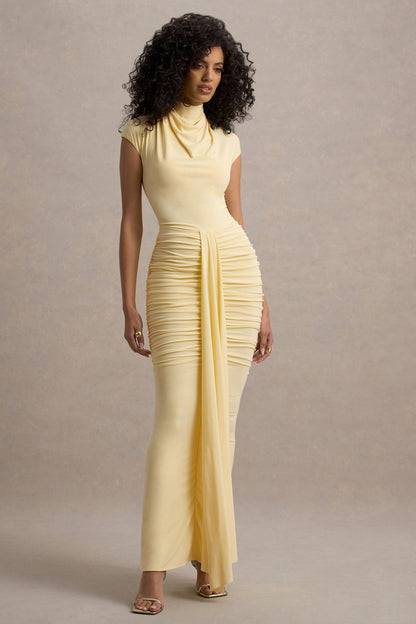 Lorenza | Vestido largo en  Limón de Cuello Alto con Fruncido y Falda Envolvente