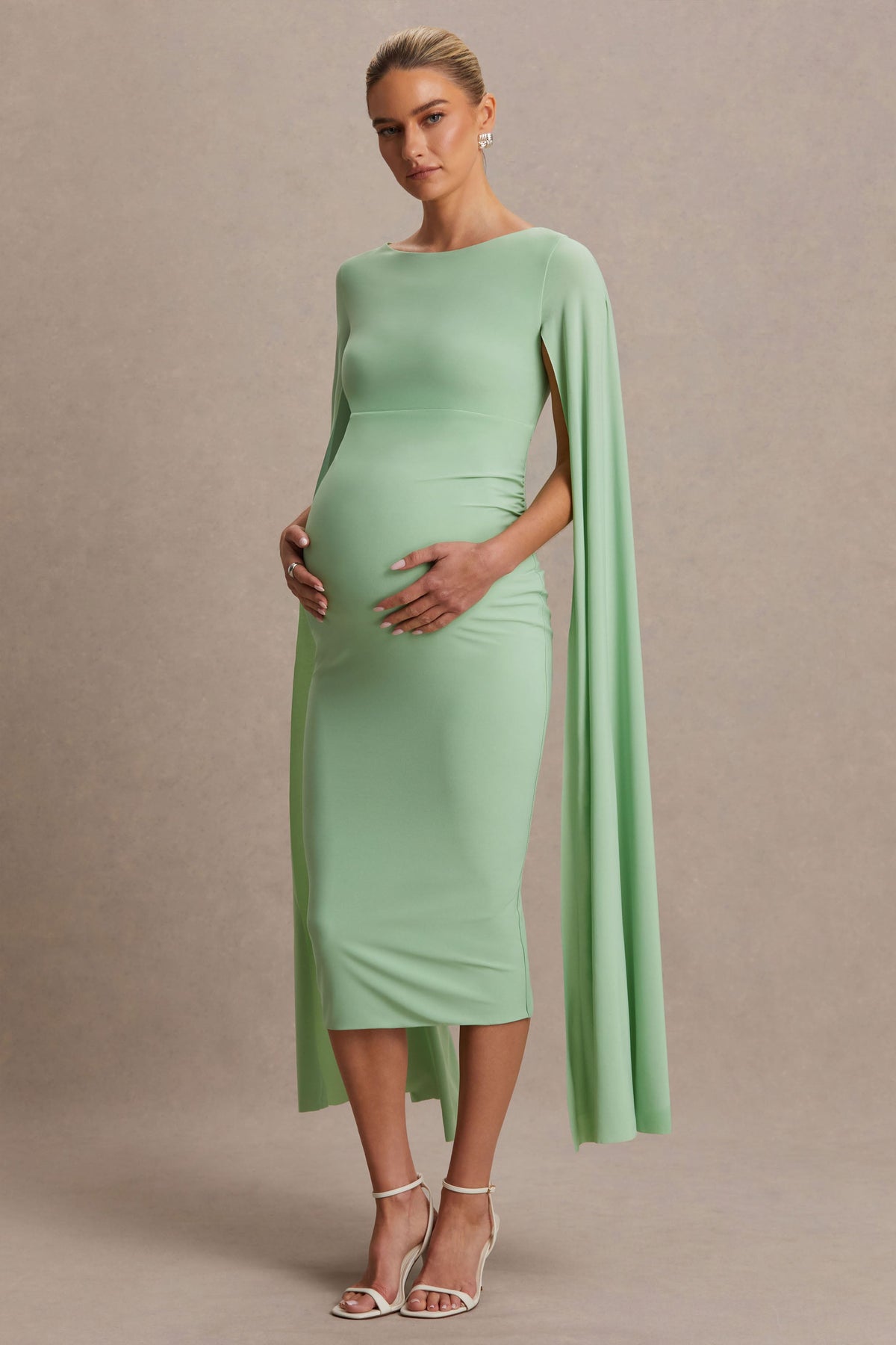 Providence | Vestido Midi premamá en Verde Claro de Cuello Alto con Mangas Capa