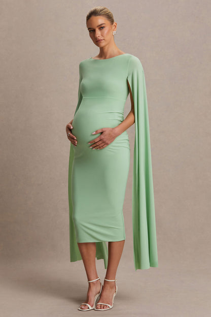 Providence | Vestido Midi premamá en Verde Claro de Cuello Alto con Mangas Capa