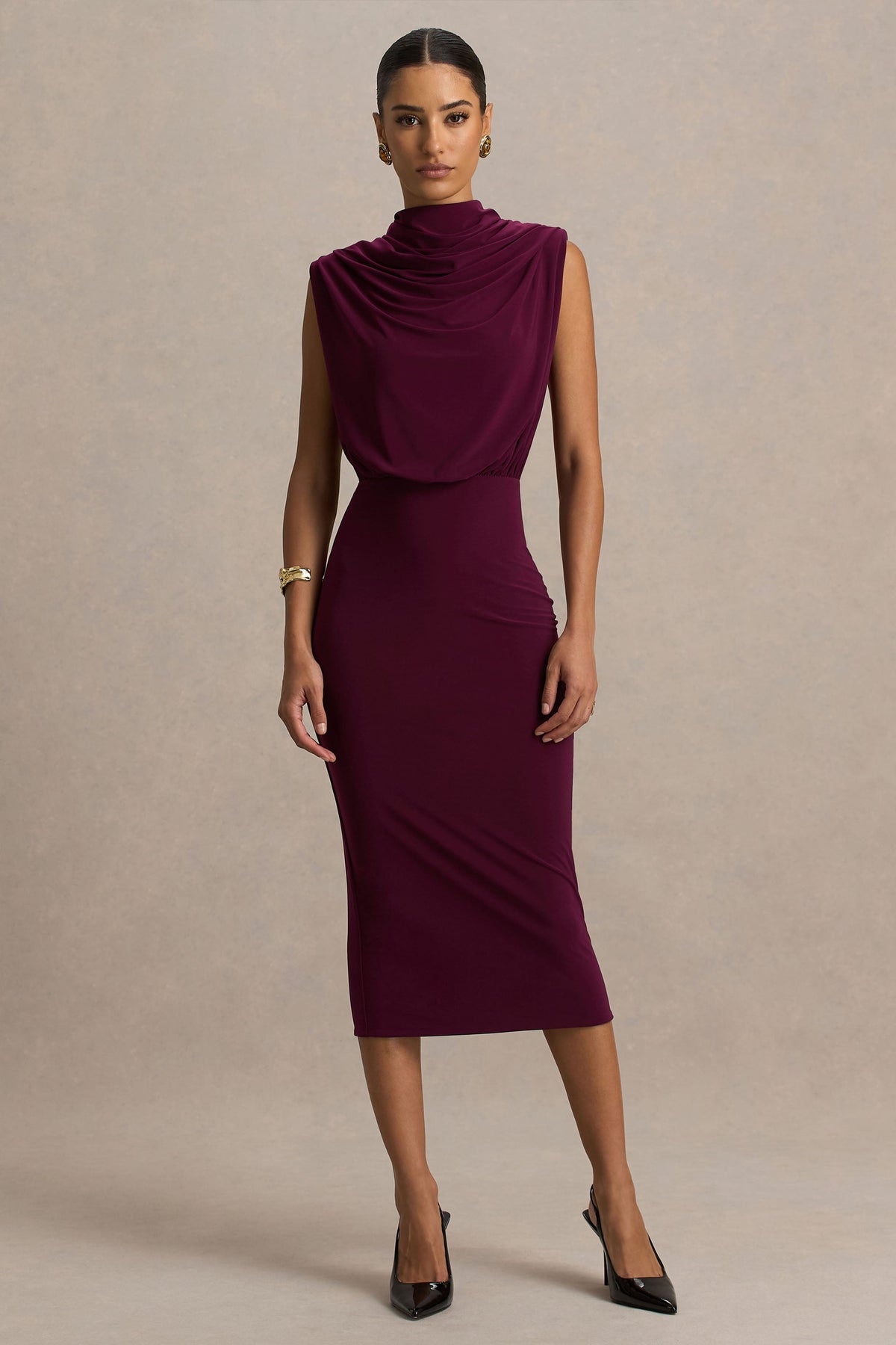 Hermia | Vestido Midi Burdeos De Cuello Alto Sin Mangas