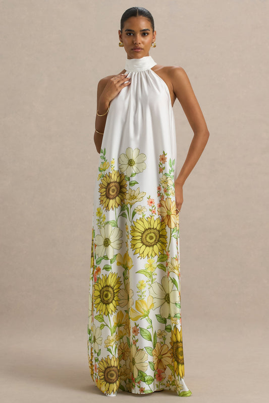 Glide | Vestido largo satinado con detalle de cuello con lazo y estampado de girasoles