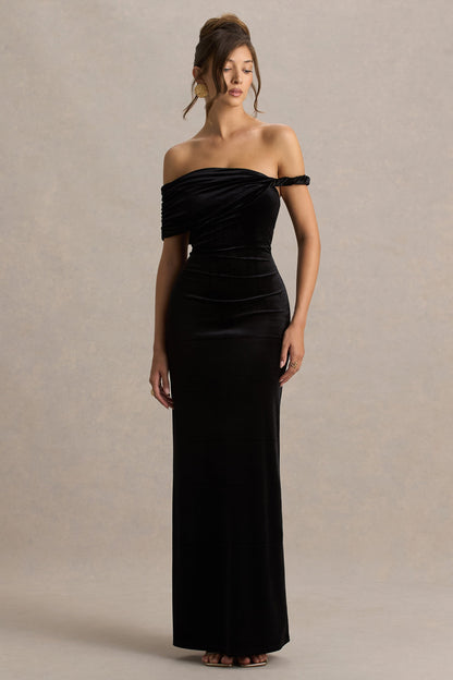Poised | Vestido Largo Negro De Terciopelo Con Escote Bardot Y Manga Retorcida