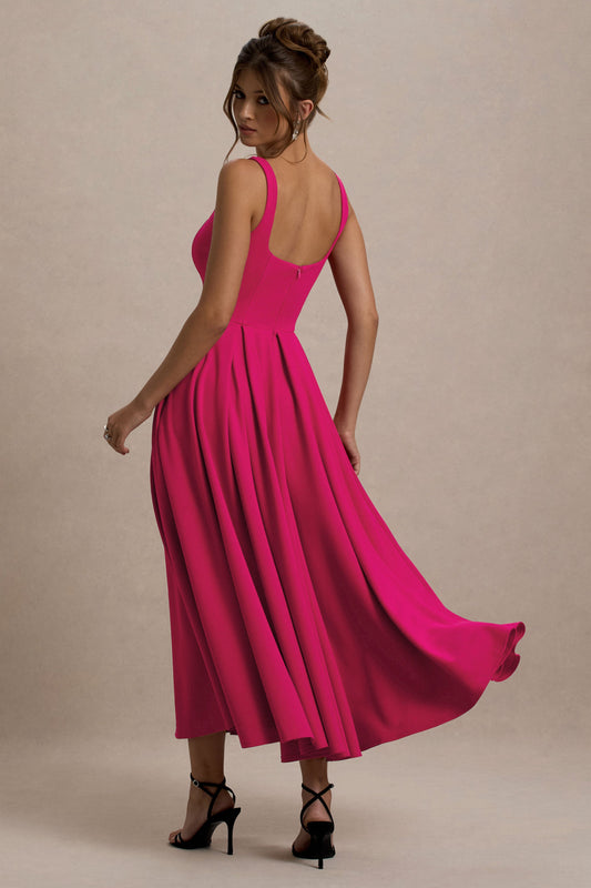 Parina | Vestido midi fucsia con escote cuadrado y falda voluminosa