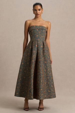 Loretta | Vestido midi bordado en verde oscuro y óxido con escote bandeau
