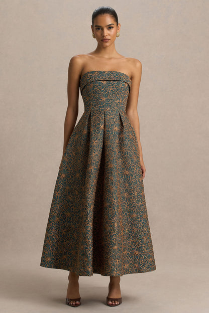 Loretta | Vestido midi bordado en verde oscuro y óxido con escote bandeau