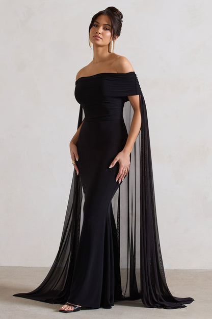 Carlotta | Vestido largo negro ajustado con capa de gasa y escote bardot