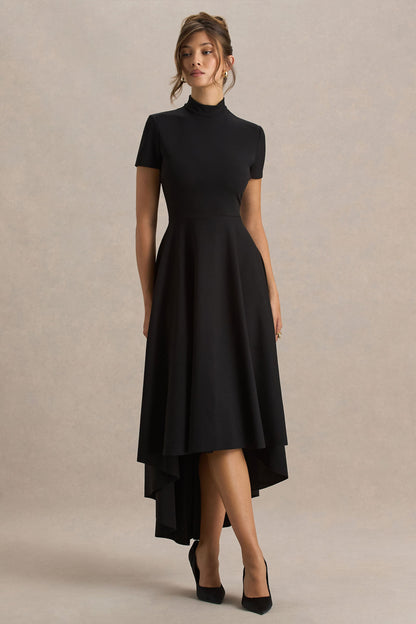 Bellona | Vestido Midi Negro De Cuello Alto Con Bajo Asimétrico