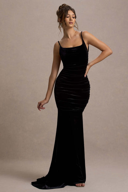 Adele | Vestido Largo Cola de Sirena con Tirantes y Fruncido de Terciopelo Negro