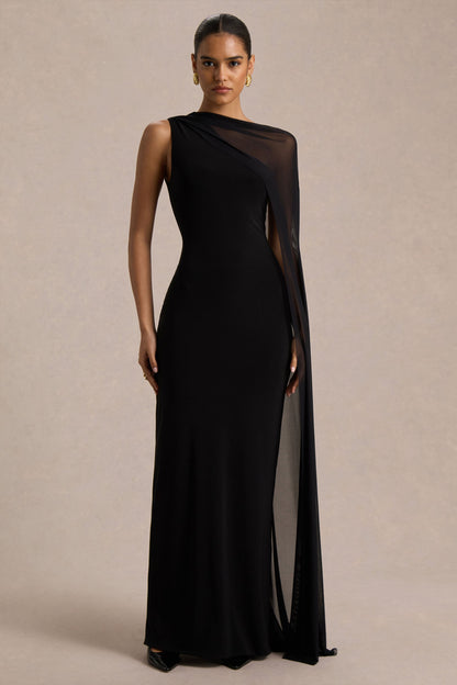 Mirelle | Vestido Largo negro con escote asimétrico y manga-capa transparente