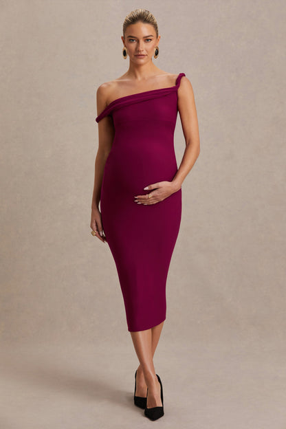 Salome | Vestido premamá midi burdeos con escote asimétrico drapeado