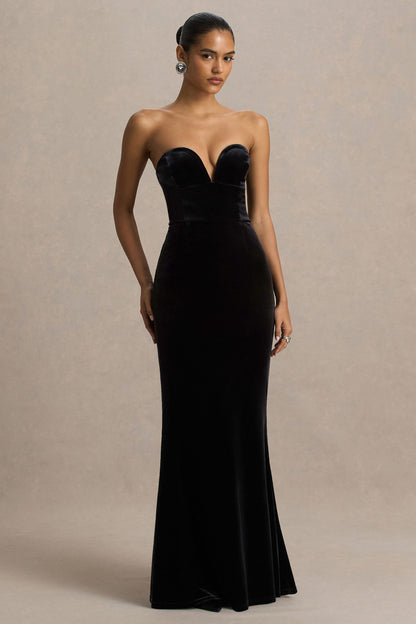 Yolanda | Vestido largo de terciopelo negro con escote corazón