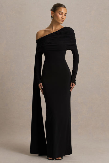 Octavia | Vestido Largo Negro Con Escote Bardot Capa Y Detalles Fruncidos