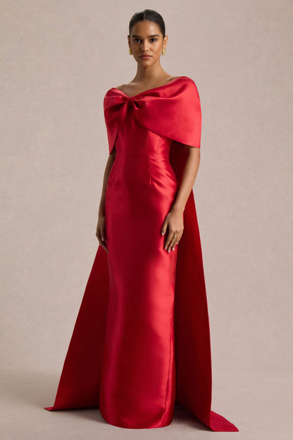 Wanting More | Vestido Largo Rojo de Satén con Capa y Lazo Grande