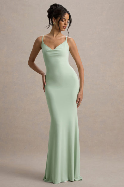 Francoise | Vestido largo Verde Claro con Escote Drapeado y Espalda Descubierta con Encaje