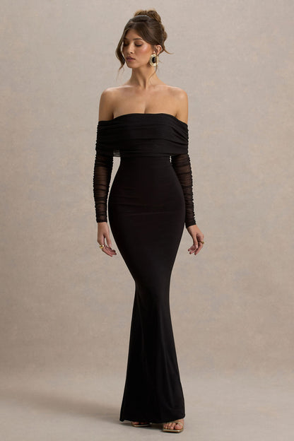Madeleine | Vestido largo Negro  ajustado al cuerpo con mangas largas de malla y escote bardot