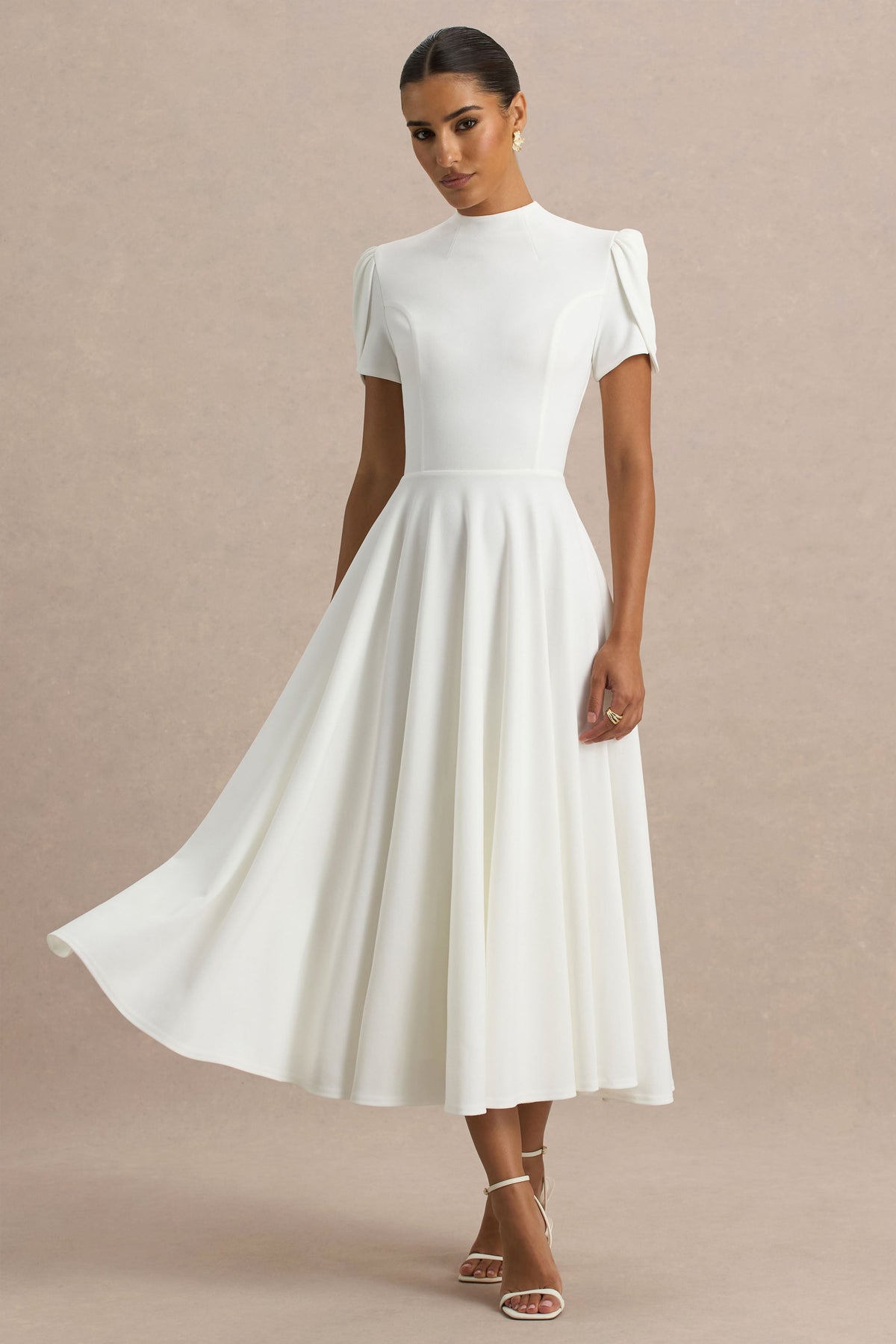 Vicky | Vestido midi blanco con mangas abullonadas y falda con volumen