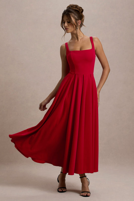 Parina | Vestido midi rojo con escote cuadrado y falda voluminosa
