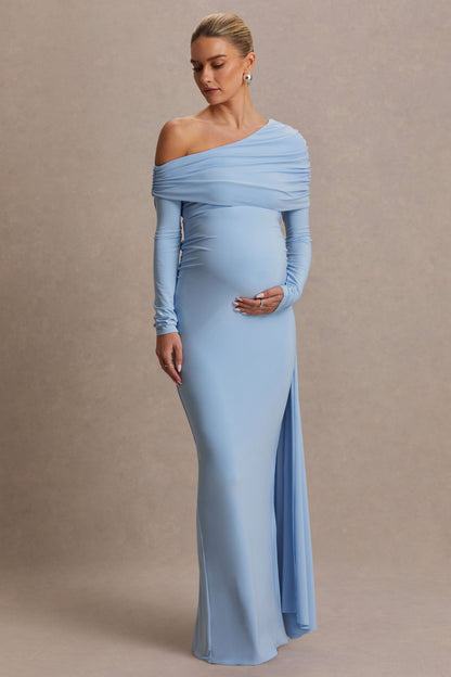 Amara | Vestido Largo Azul Celeste con Escote Asimétrico y Detalle de Fajín