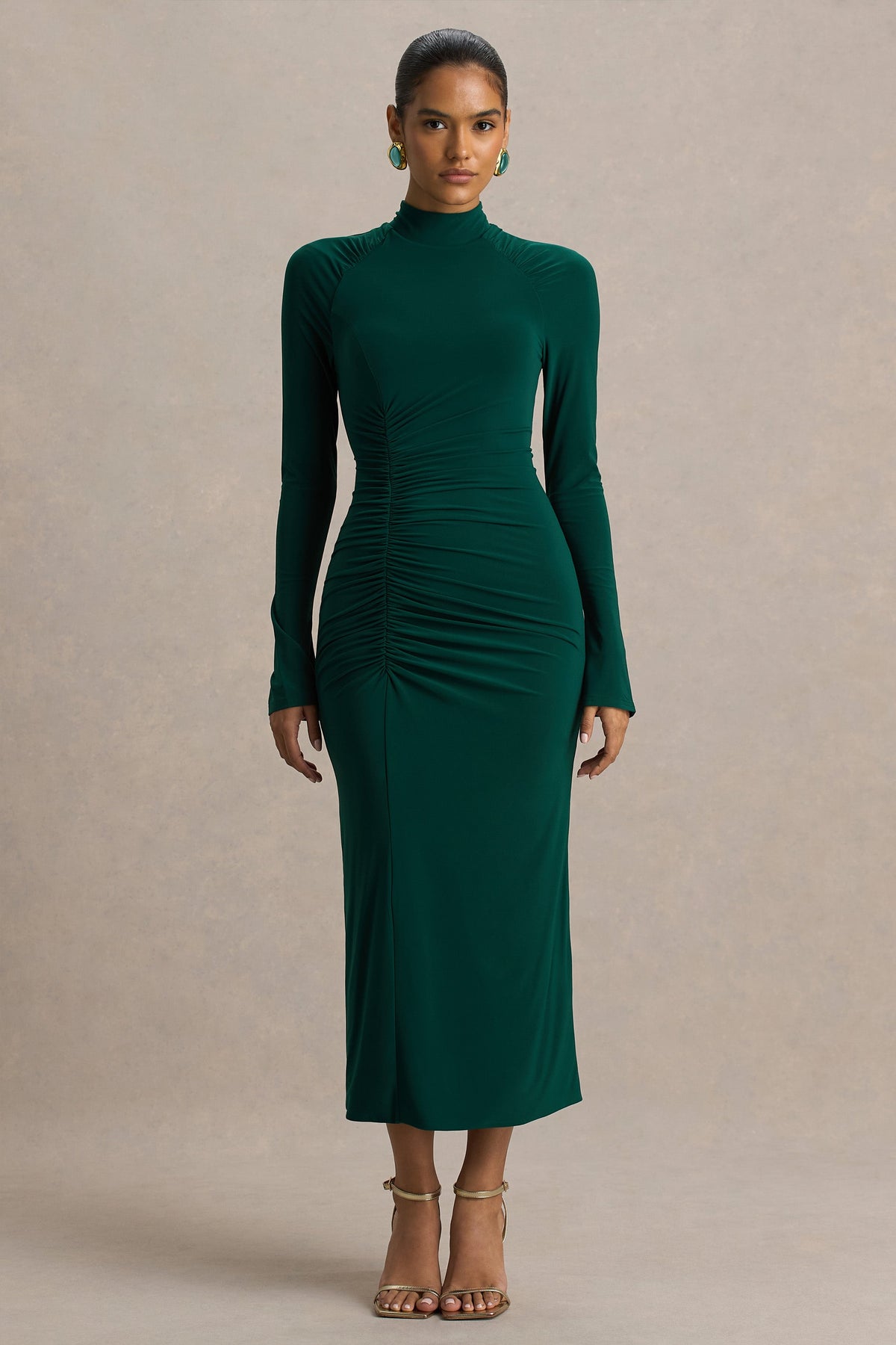 Cassandra | Vestido Midi en Verde Botella de Manga Larga y fruncidos