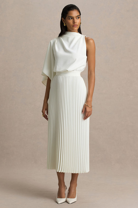 Jimena | Vestido Midi En Color Crema De Manga Larga con Cuello Alto y Detalles Plisados