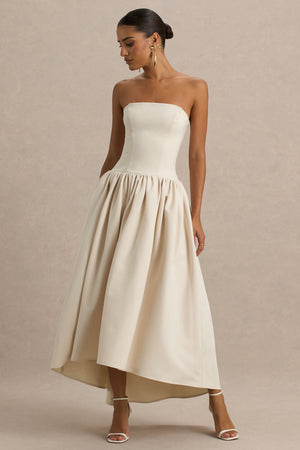 Candice | Vestido Midi en Crema con Escote Bandeau y Lazo en la Espalda