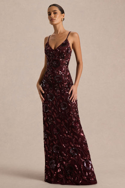 Gemini | Vestido Largo burdeos con estampado floral embellecido y tirantes