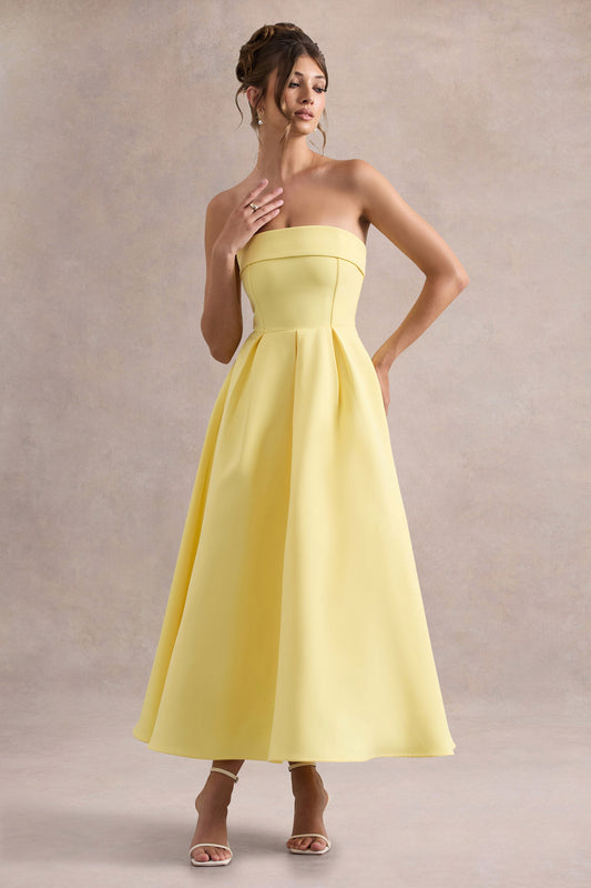 Annalise | Vestido midi en amarillo limón con escote bandeau y falda plisada