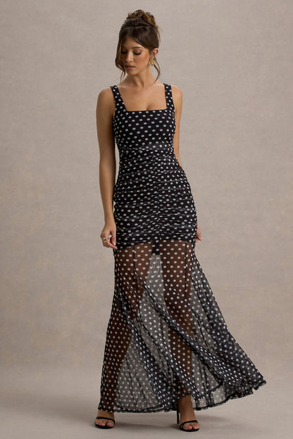 Galaxia | Vestido largo de lunares con malla transparente en el bajo