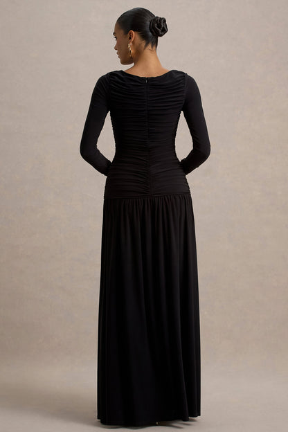 Aniyah | Vestido Negro Largo con Cuello Alto y Detalles Fruncidos