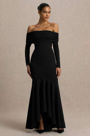 Everlasting | Vestido Largo Negro de Escote Bardot con Cintura Caída