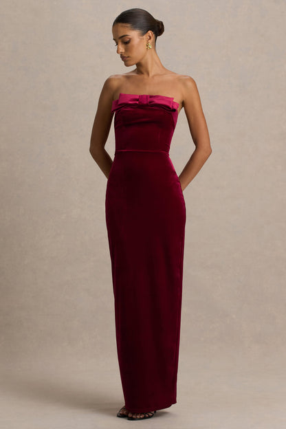 Illusion | Vestido Largo Burdeos De Terciopelo Con Escote Bandeau Y Lazo