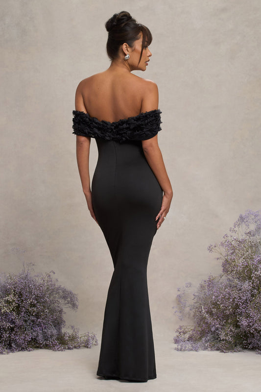 Inflorescence | Vestido largo de premamá negro con escote bardot floral de malla