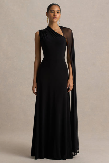 Selena | Vestido largo negro de tul con manga tipo capa