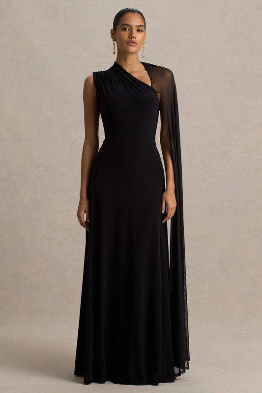Selena | Vestido largo negro de tul con manga tipo capa